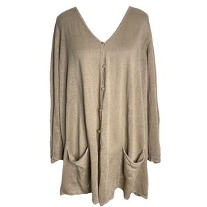 Gudrun Sjoden Beige 100%  Linen Button Front Long Cardigan Sweater XL